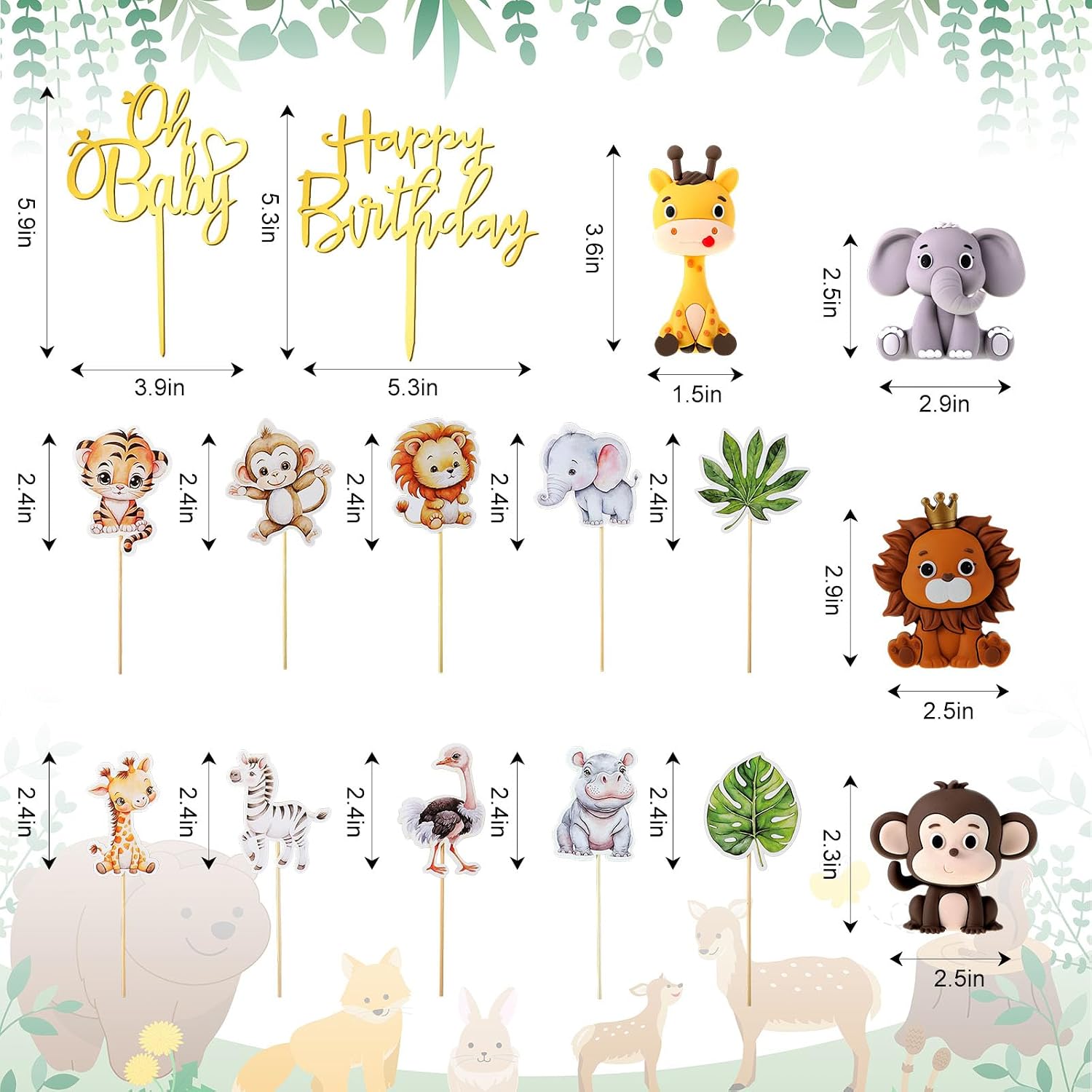 Tallew 42 Pcs Safari Jungle Animal Cake Toppers Wild One Lion Giraffe Elephant Monkey with Leaves Cake Decorations for Wild Zoo Birthday Baby Shower Party Supplies