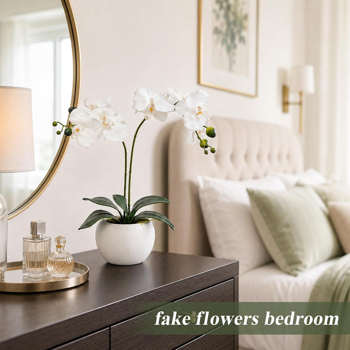 artificial flowers indoor, white fake orchid in pot, side view