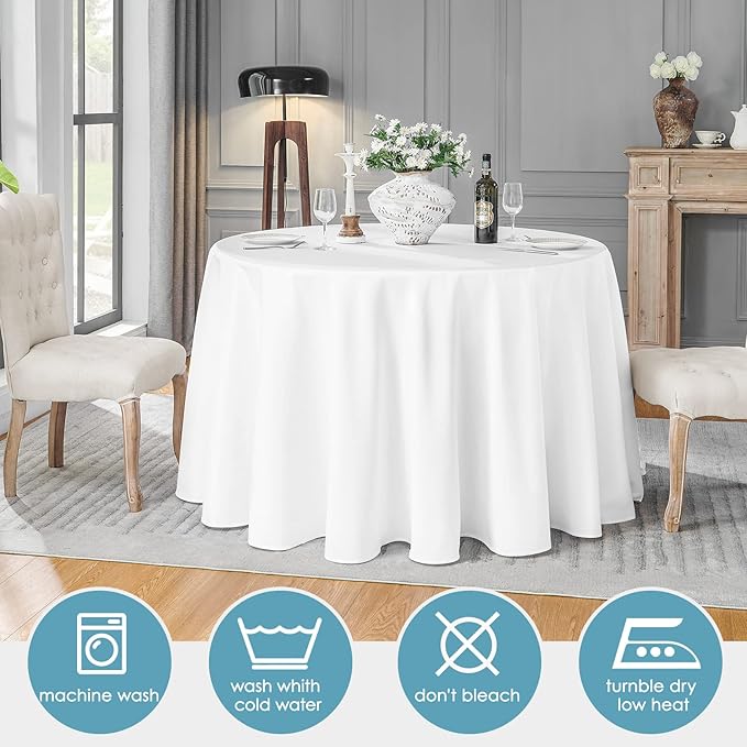 VidaFete 6 Pack 90inch Round Tablecloth Polyester Table Cloth，Stain Resistant and Wrinkle Polyester Dining Table Cover for Kitchen Dinning Party Wedding Rectangular Tabletop Buffet Decoration(White)