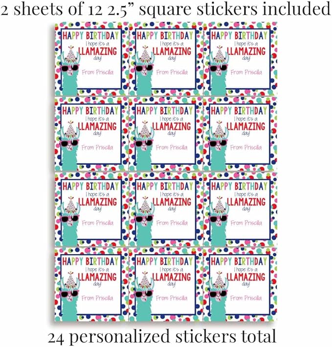 Custom & Personalized Llamazing Llama Happy Birthday Gift Tag Sticker Labels, 24 2.5" Square Stickers by Amanda Creation