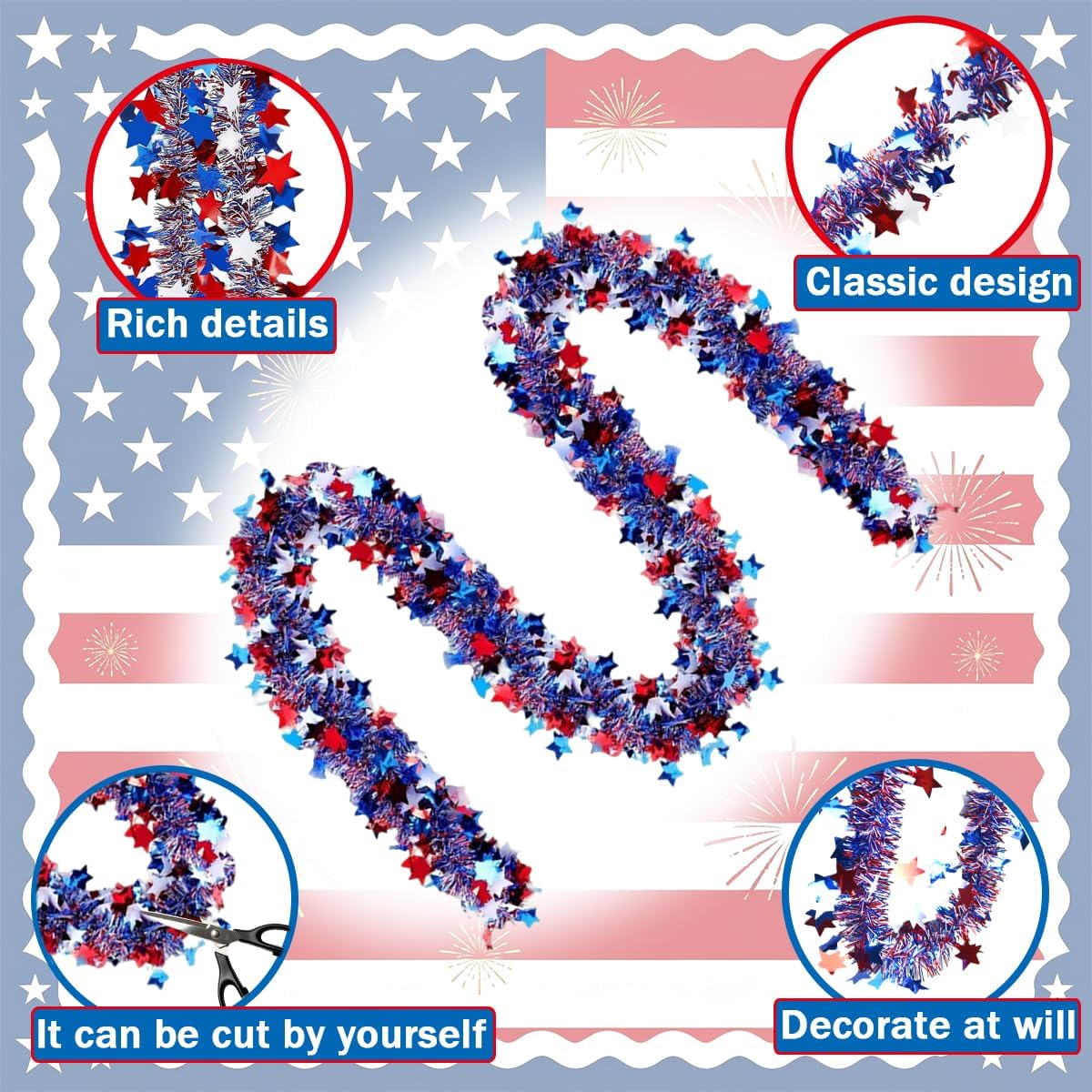 4th of July Red White Blue Star Tinsel Garland - 33 Ft Memorial Day Patriotic Decoration Independence Day Metallic Tree Fine Filament Garland Glitter Tinsel Hanging Twist for Veterans Day Decor