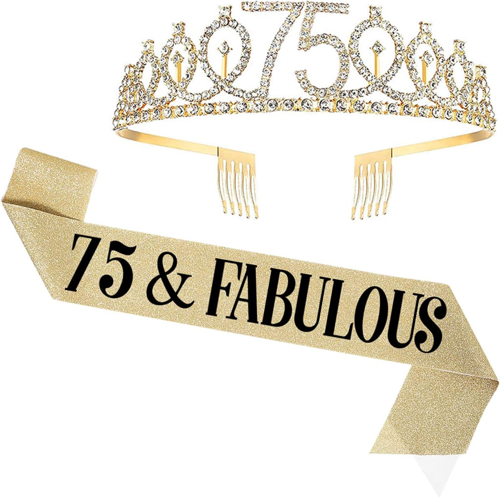 75th Birthday Sash and Tiara for Women, 75 & Fabulous Sash and Tiara Birthday Crown, Happy 75th Birthday Gifts for Queen Woman Party Favors Supplies and Decorations, Gold