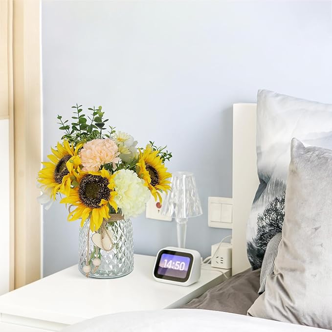 Artificial Sunflower Bouquets - Silk Fake Flowers with Vase, Centerpieces for Dining Room and Coffee Table Decor
