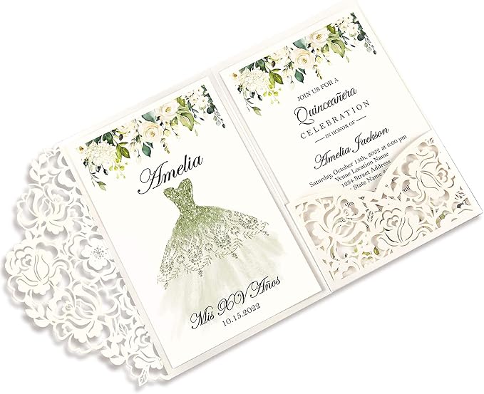 DORIS HOME 50pcs Laser Cut Quinceanera Invitations Green and Ivory White, 4.7x7.1 Blank Quince Invitations for 15th Birthday, Invitation cards for Sweet 16 with Envelopes