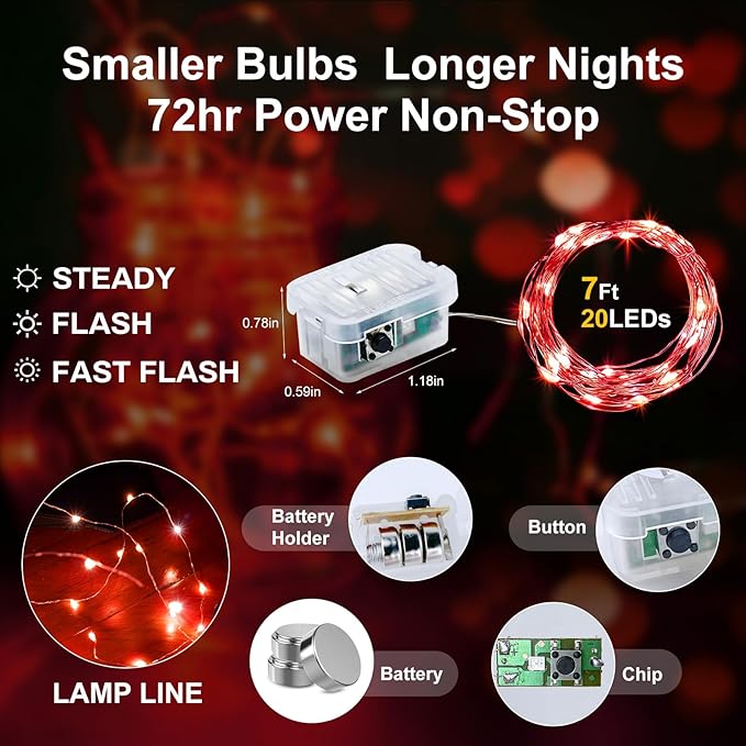 Aogist 50 Pack Fairy Lights 3 Modes 7ft 20 LED Waterproof,Battery Operated Silver Wire Firefly Starry Moon Mini String Lights for Mason Jars Christmas DIY Crafts Wedding Party Bedroom,Red