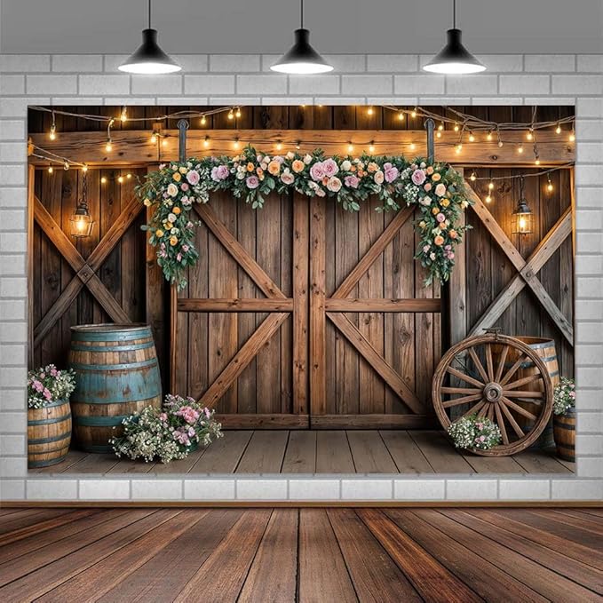 20x10ft Country Wedding Photography Backdrop Rustic Barn Door Photography Backdrop Farmhouse Pink Flower Cabin Wooden Birthday Baby Shower Wedding Bridal Party Banner Photo Booth Props Background