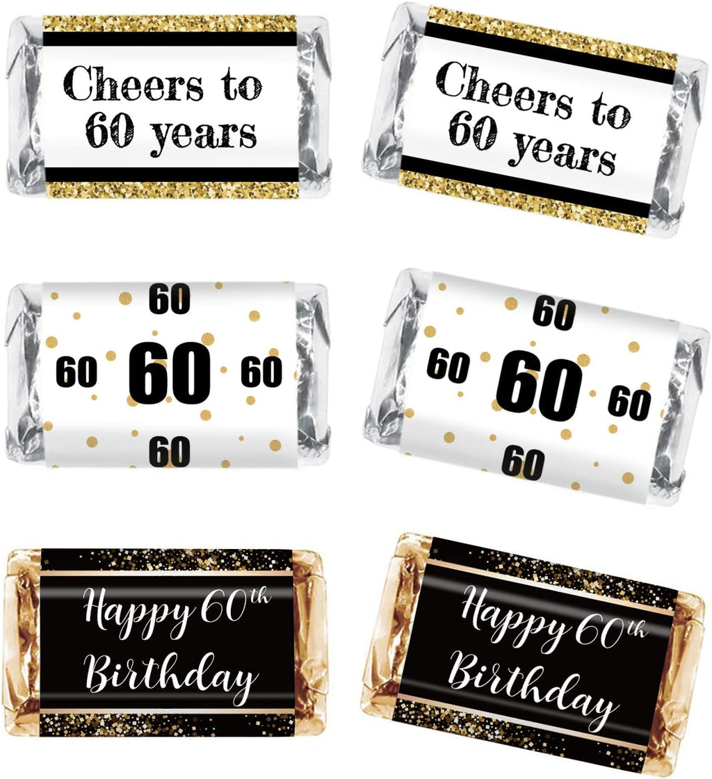 Black & Gold 60th Birthday Party Mini Candy Bar Wrapper Stickers - 60th Birthday Party Favors - Pack of 54