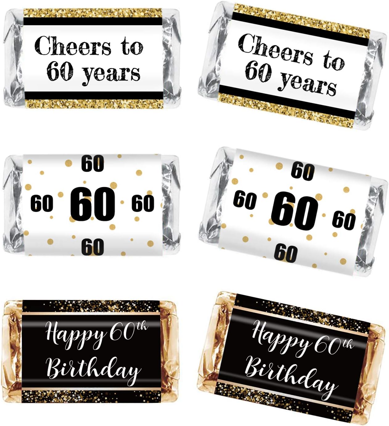 Black & Gold 60th Birthday Party Mini Candy Bar Wrapper Stickers - 60th Birthday Party Favors - Pack of 54