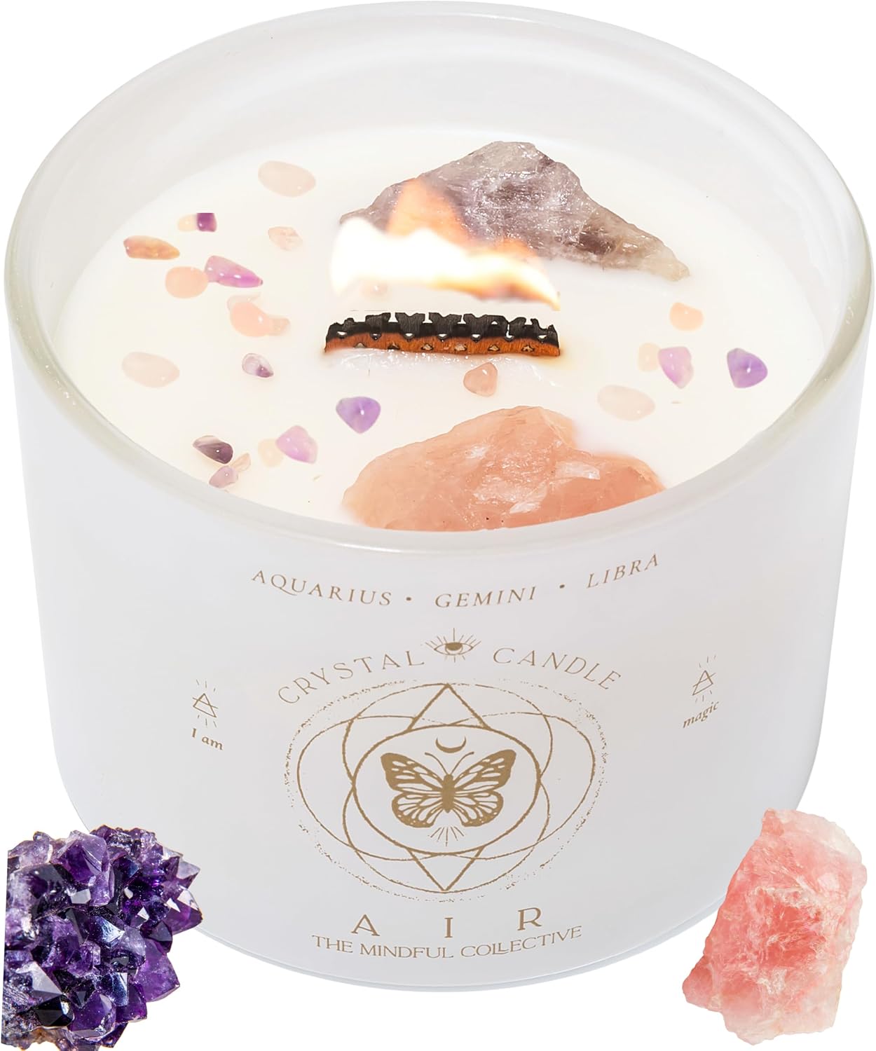 Aquarius, Gemini, Libra Gifts for Women - 12oz Wood Wick Candles that Crackle with Crystals and Healing Stones. Healing Crystal Candles for Women Home Scented. Soy Wax, for Zodiac Birthdate