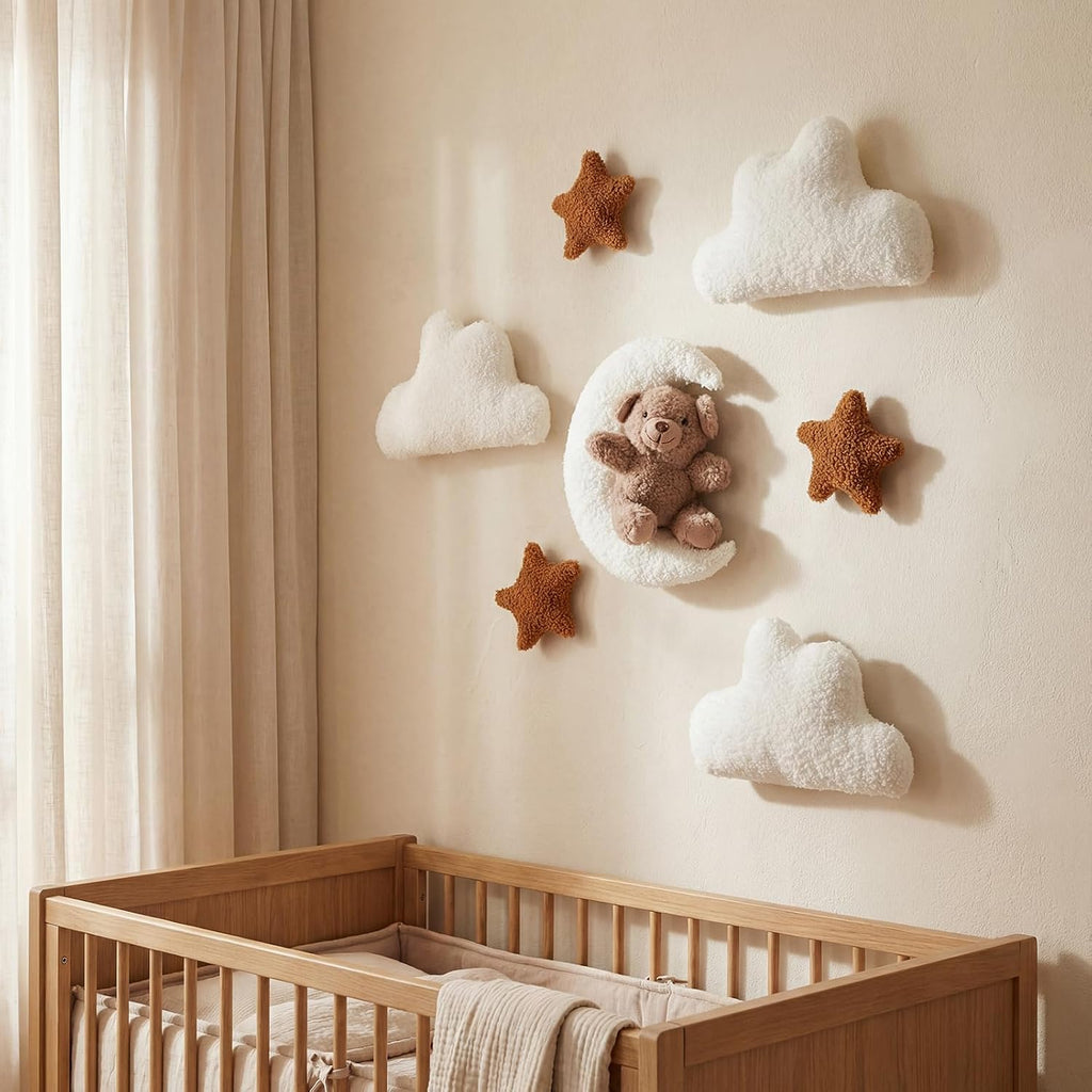 Chumia 7 Pcs Teddy Bear Nursery Wall Decor Boho Nursery Wall Art with Clouds Moon Star Soft Baby Room Decor Gender Neutral for Bedroom Decoration