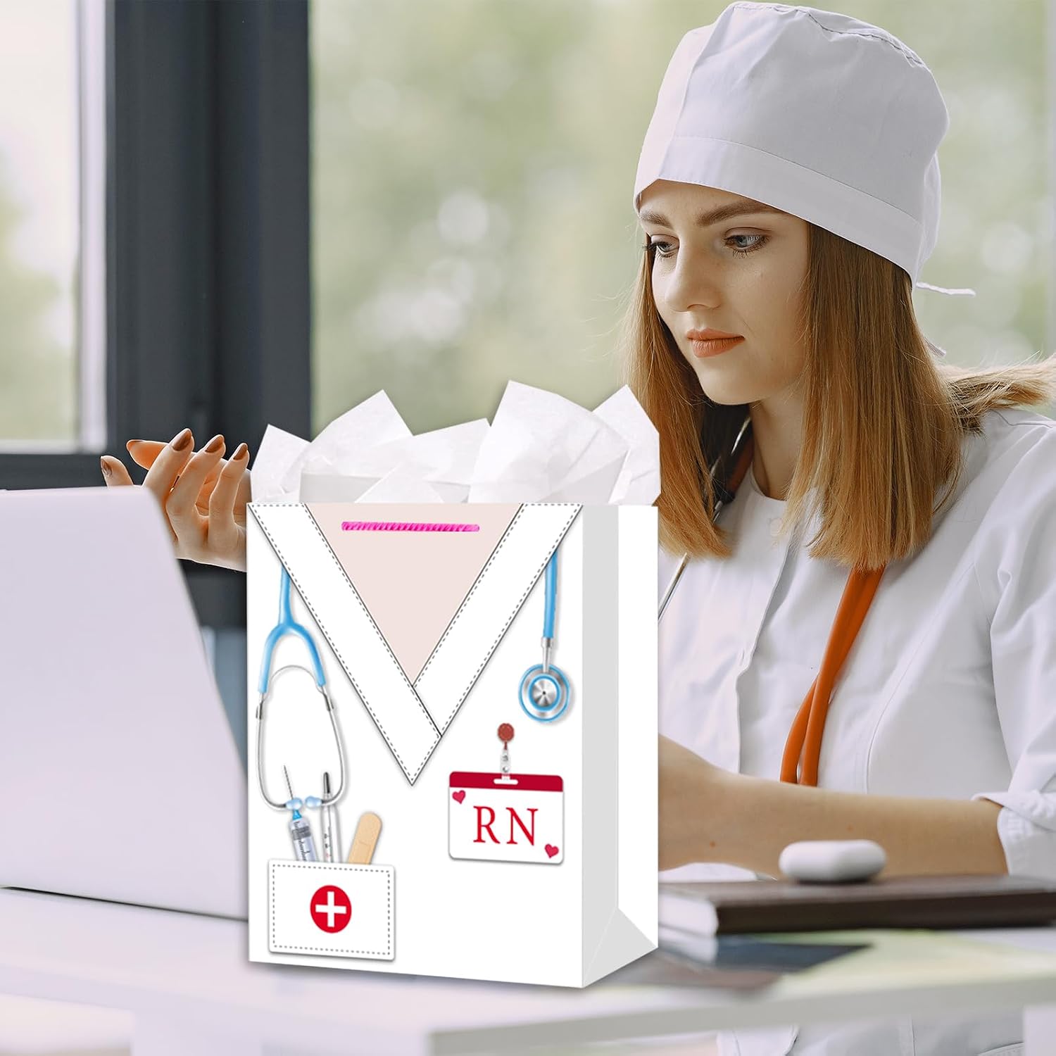 HEYINSHEN Nurse Graduation Gifts Bag 13" Large Congrats Nurses Gift Bag with Tissue Paper & Handles Gifts Bag for Nursing Grads Medical School Graduation Decor Nurse Week Celebrations