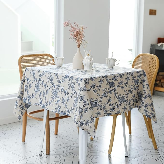 Pastoral Square Tablecloth - 40 x 40 Inch - Beige Linen Table Cloth - Washable Table Cover with Dust-Proof Wrinkle Resistant for Restaurant, Picnic, Indoor and Outdoor Dining, Floral (Dark Blue)
