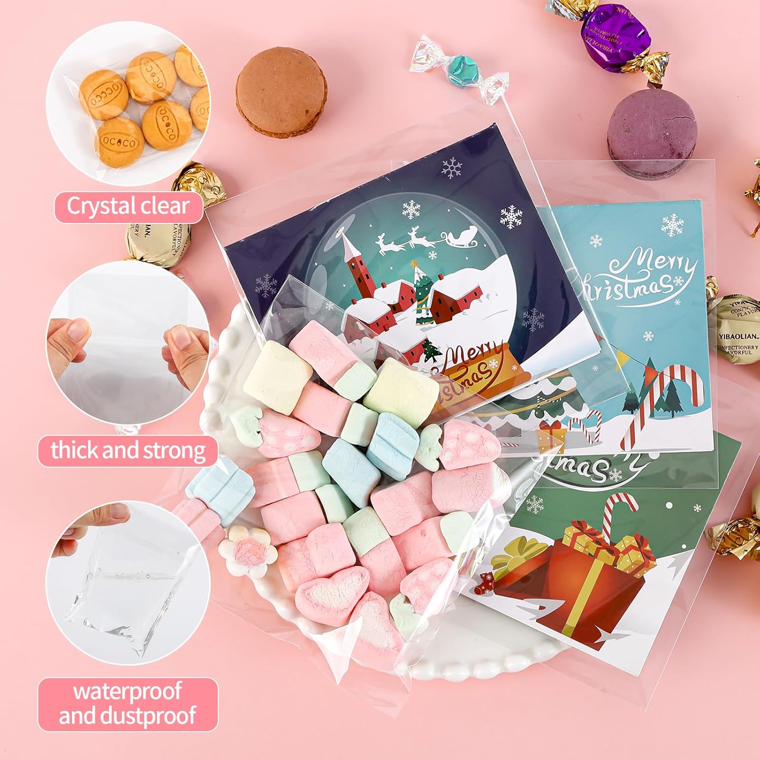 200 PCS Cellophane Bags,3.5 X 3.5 Inch Self Sealing Clear Cellophane Treat Bags for Gift Wrapping,Packaging Candies,Dessert,Bakery, Cookies, Chocolate,Party Favors