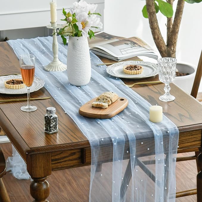 Artoid Mode Pearl Blue Gauze Table Runner 120 Inch 10FT, Seasonal Sheer Dining Holiday Wedding Birthday Baby Shower Table Decor for Home Party