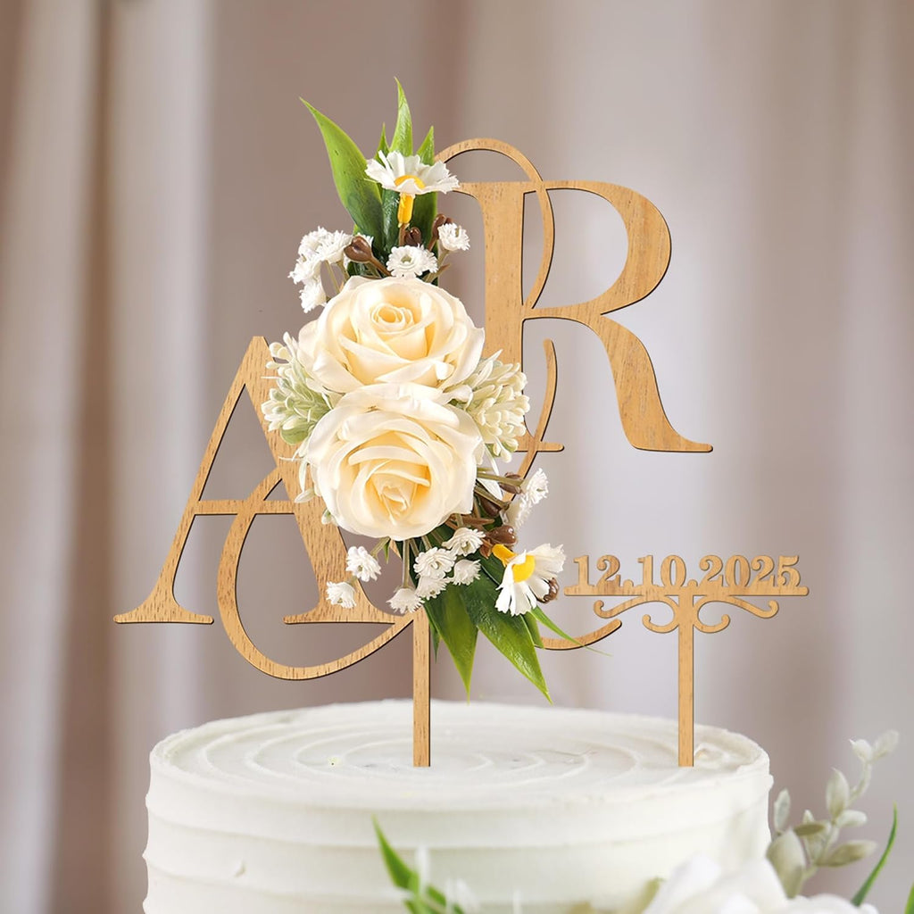 Personalized Wedding Cake Topper with 3D Artificial Flowers and Green Leaves Custom Initials Wooden Anniversary Cake Decoration