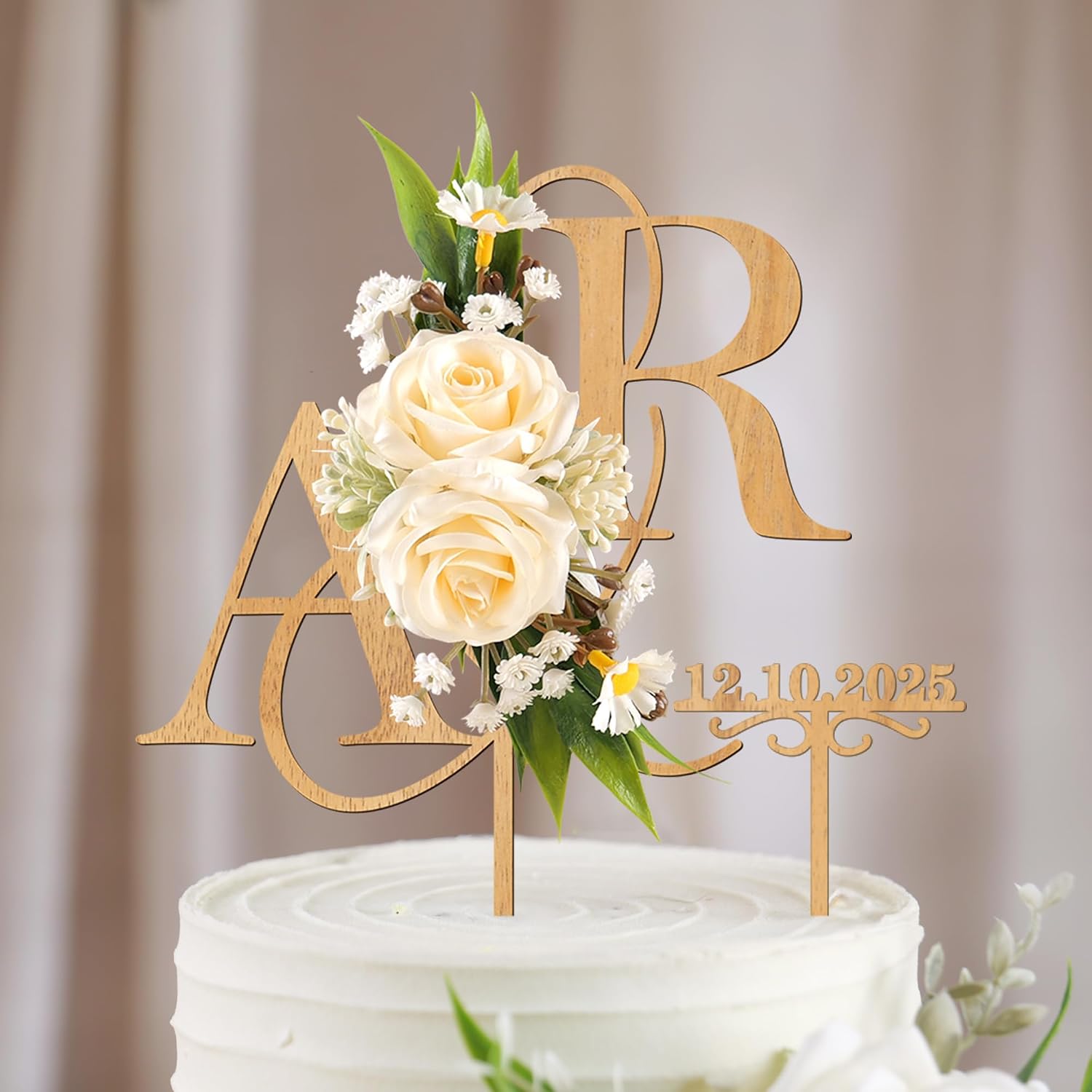 Personalized Wedding Cake Topper with 3D Artificial Flowers and Green Leaves Custom Initials Wooden Anniversary Cake Decoration