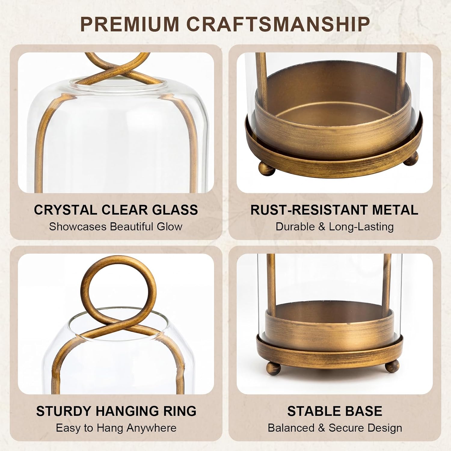 Woanger 3 Set Glass Pillar Candle Holder Set with Hanging Hooks, 5"/7"/9" Metal Candle Lantern with Glass Dome, Designed for Flameless LED Candles, Table Centerpiece Home Wedding Decor (Vintage Brass)