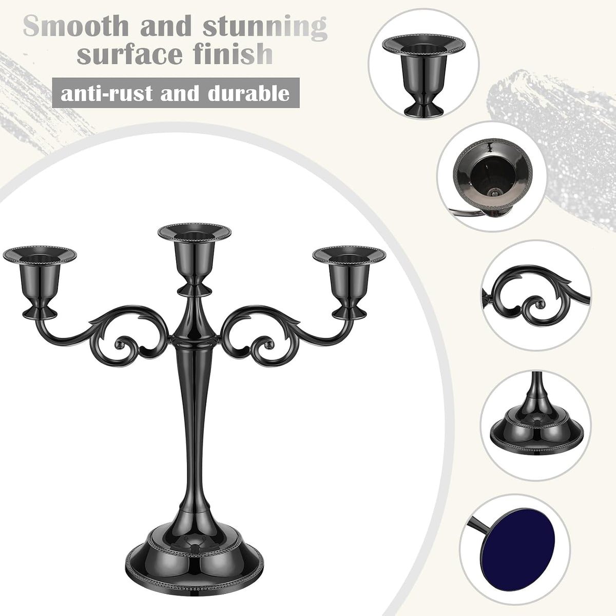 Dandat 2 Pcs 3 Arm Metal Candelabra Black Candlestick Holders 10 Inch