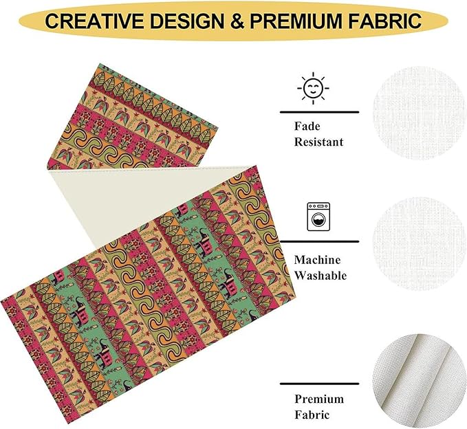 Boho Table Runner, Indian Bohemian Elephant Mandala Paisley Floral Hippie Art Print Table Center Decor for Home Kitchen Dining Patio Holiday Party Indoor Outdoor Table Decorations, 13"x72" Inch