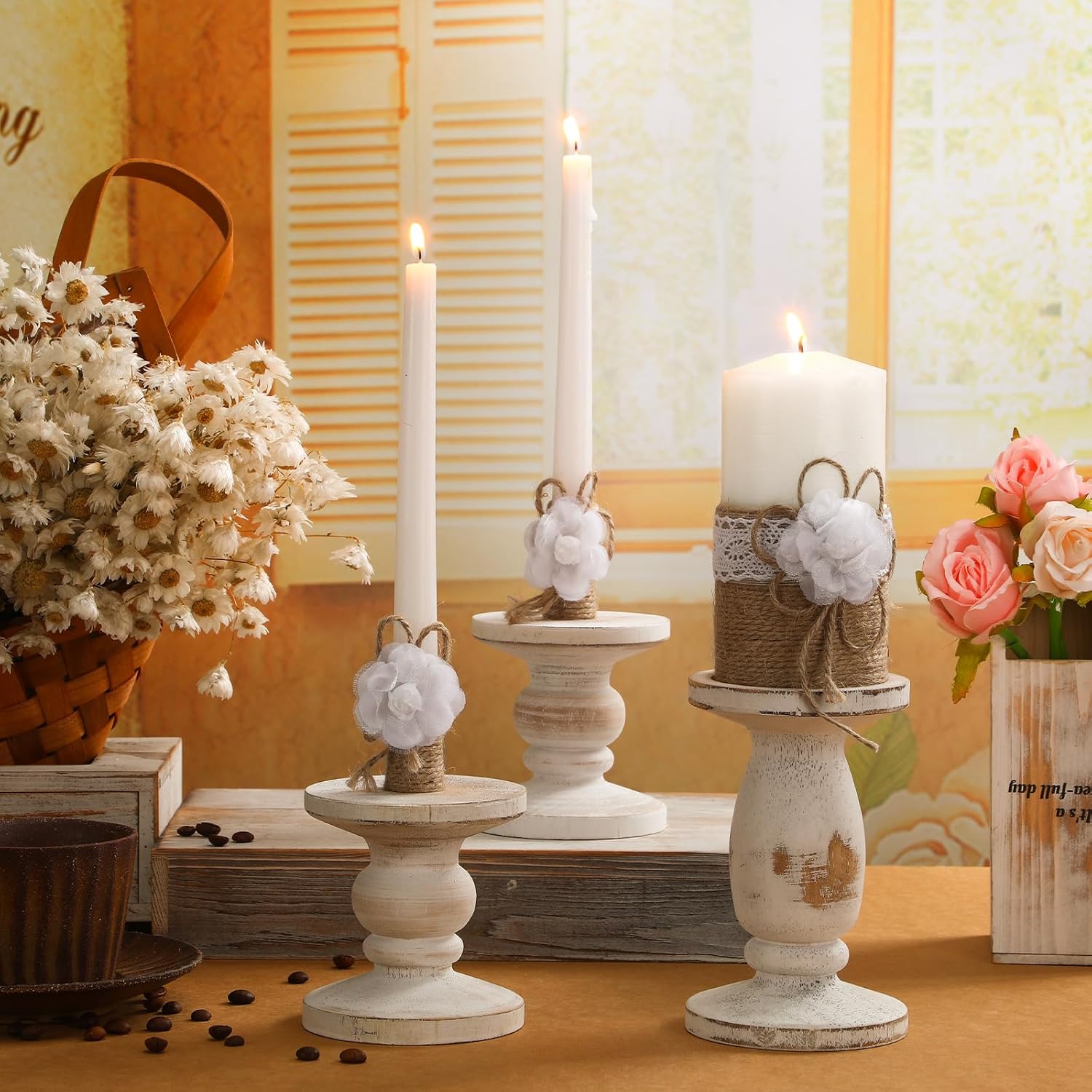 Zhehao 3 Unity Candles with 3 Candle Holder for Ceremony Set Rustic Wedding Accessories for Reception Decorative Farmhouse Candle Holder Pillar Candles for Formal Events Church