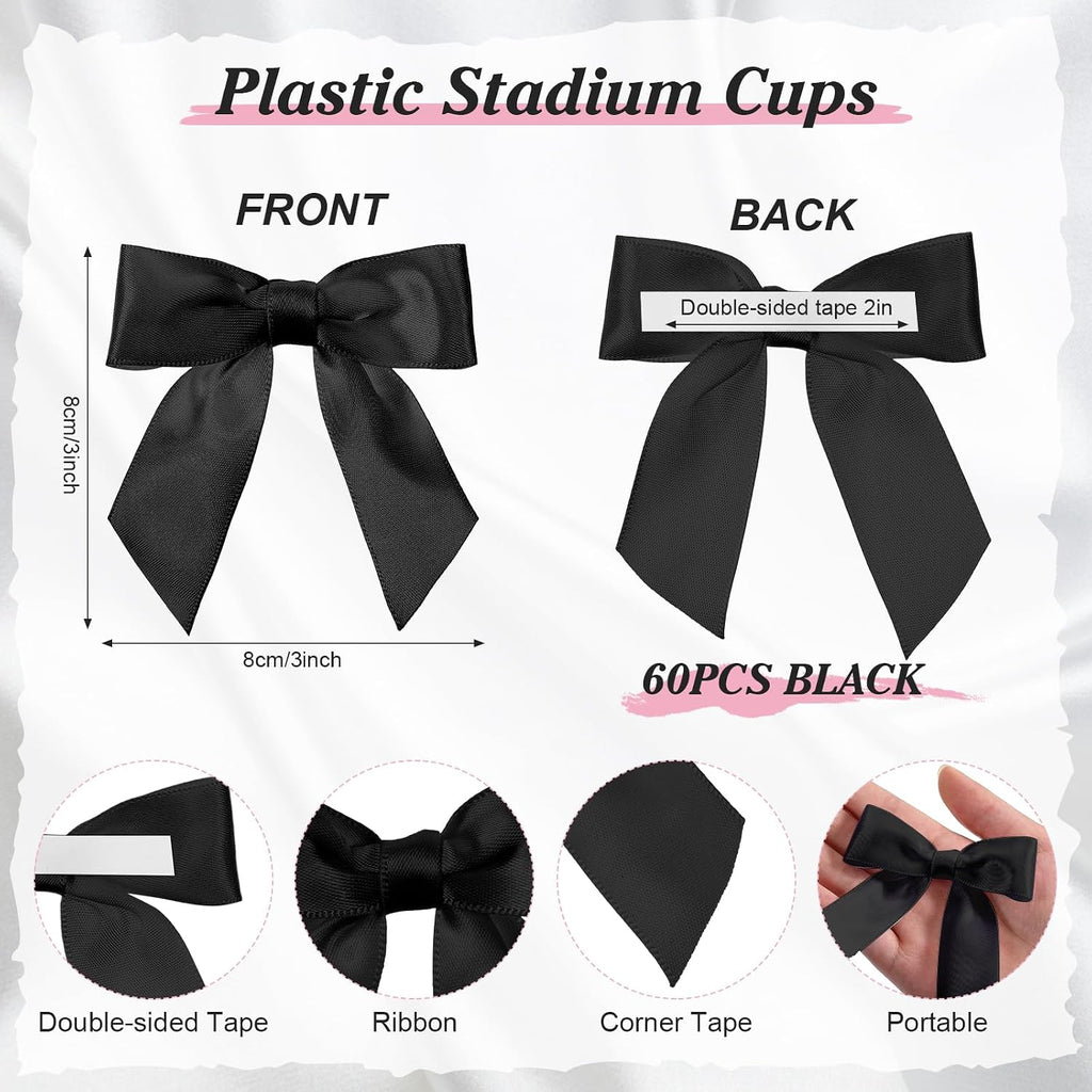 Daifunli 60 Pcs Satin Ribbon Black Bows 3 x 3 Inches Self Adhesive Satin Bows for Gift Wrapping Treat Bags Baby Shower Birthday Party Premade Ribbon Bow with Double Sided Tape for Crafts Gift Wrap