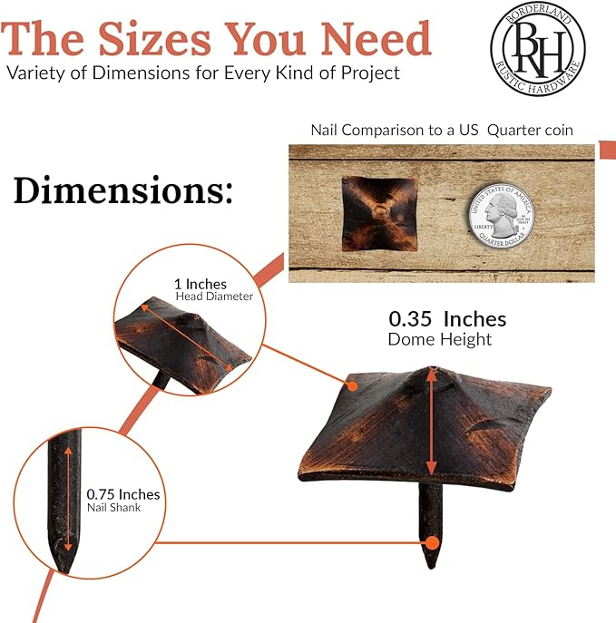 25 Pack 1" Square Head Iron Clavos Decorative Nails – Oil Rubbed Bronze – Handmade Rustic Square Fasteners for Farmhouse Shutters, Barn Doors, Shutters, and Gates – Ornamental Wood Accent