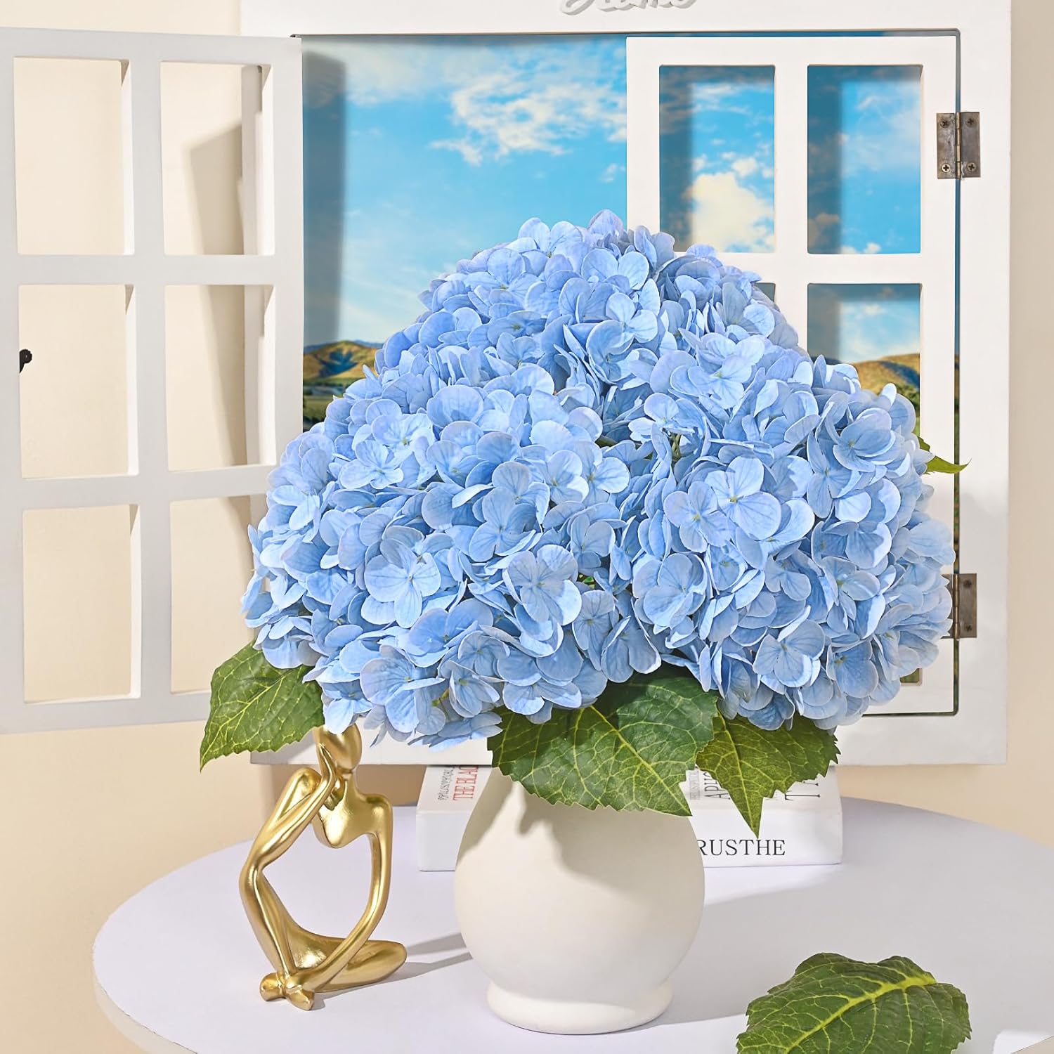 MARTINE MALL 3Pcs 21in Hydrangea Artificial Flowers, Latex Real Touch Hydrangeas Lifelike Large Hydrangea Flowers for Home Decor Party Arrangements Wedding Bouquets Centerpieces (Blue)