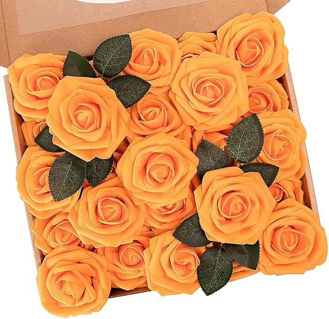 N&T NIETING Artificial Flowers, Fake Flowers Orange Roses Perfect for DIY Wedding Bridal Bouquets Centerpieces Bridal Shower Party Home Flower Arrangement Decorations, 25Pcs