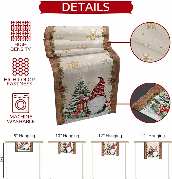 Christmas Gnomes Cotton Linen Table Runner for Dining Kitchen, Xmas Pine Tree Snowflake Rustic Wedding Outdoor Party Tablerunners Decoration, Retro Wood Dresser Scarf Tablecloth Runners 13x90 Inches