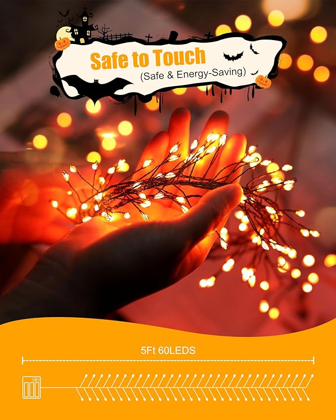 Minetom Fairy Lights Battery Operated, String Lights Waterproof Silver Wire 5 Feet 60 Led Firecracker Starry Lights for DIY Wreath Home Party Bedroom Mason Jar Indoor Halloween Decoration, Orange