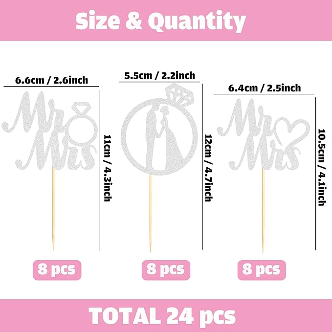 Sotpot 24PCS Miss to Mrs Cupcake Toppers with Ring Silver Glitter for Wedding Bridal Shower Wedding Engagement Party Cake Decorations
