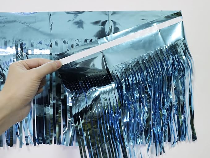 4 Pack Total 40 Feet Foil Fringe Garland Light Blue Metallic Wall Hanging Drapes Tassel Skirting Teal Tinsel Streamers for Parade Float Trailer Mardi Gras Party Birthday Wedding (Turquoise)