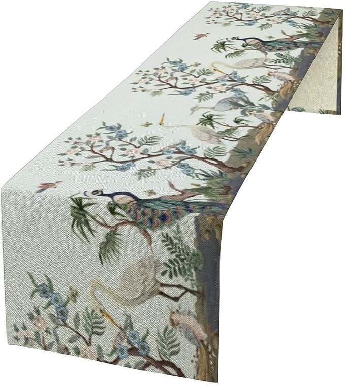 Peacock Table Runner,Retro Chinese Peonies Flowers Peacock Table Runner for Home Kitchen Dining Party Indoor Outdoor Decoration 13x36 Inch