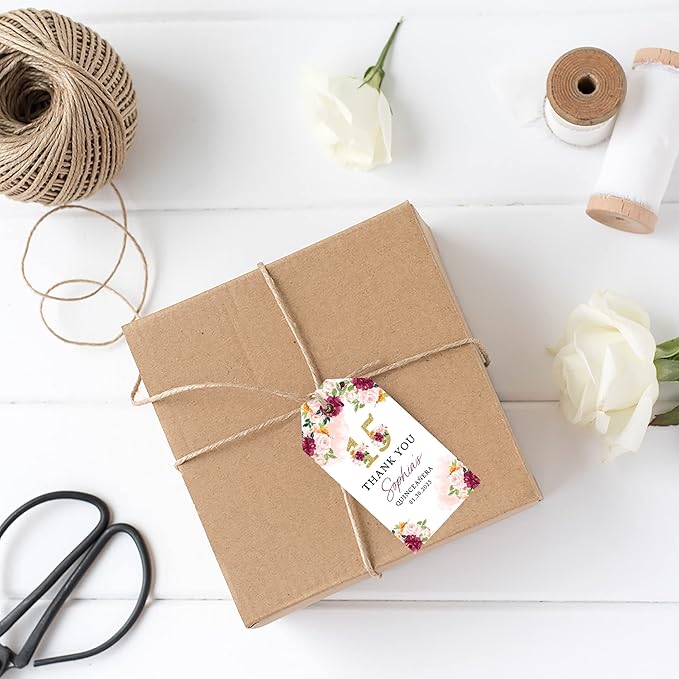 Andaz Press 40-Pack Personalized Quinceañera Favor Tags with String, Burgundy & Blush Florals Custom Classic Thank You Gift Tags for Mis Quince Años XV 15th Birthday Favor Gifts, Decorations