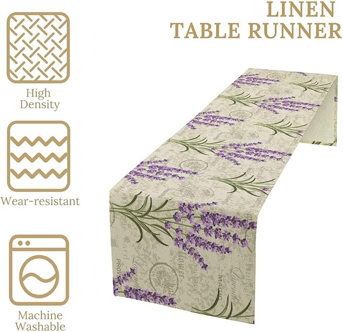 Floral Lavender Table Runner,Vintage Rustic Country Romantic Purple Flower Pattern Print Burlap for Hotel Indoors Outdoor Dining Room Kitchen Home Decor, 13x80in