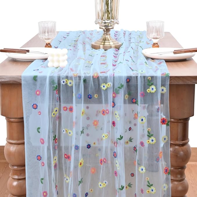 Joanlody Blue Embroidery Daisy Fall Thanksgiving Table Runner Florals Seasonal Tulle Table Runner Holiday Kitchen Dining Table Decoration Wedding Party