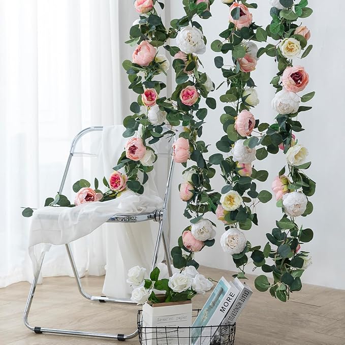 Floweroyal 2 Pack Artificial Flower Garlands 11.2FT Eucalyptus Garlands with Flowers 8 Head Peony Flower Vine Faux Floral Garland for Wedding Arch Table Wall Backdrop Wreath Decoration. (Pink & White)