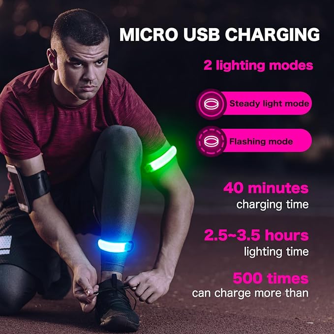 LED Armband Running USB Rechargeable(2 Pack), High Visibility Wristband for Runners, Joggers, Pet Owners, Cyclists, Adjustable Waterproof Reflective Bracelets for Night Running, Walking