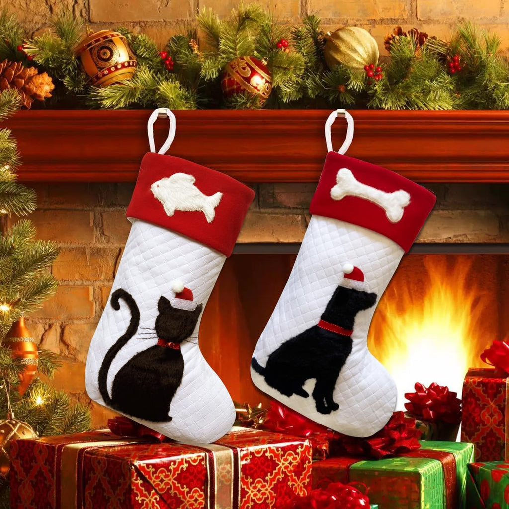 Cat Christmas Stockings Dual-Layer with 3D Black Kitty and White Fish, 20 inch Large Pet Animal Cats Xmas Stockings for Christmas Family Decorations (Black Cat)