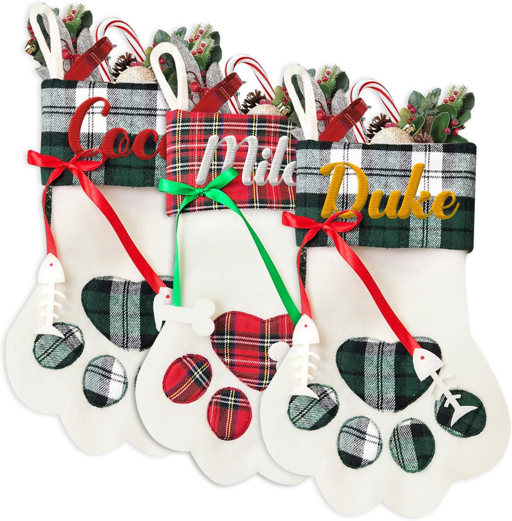 Personalized Christmas Stockings for Dogs and Cats, Custom Paw Shape Stocking Embroidered with Pet Name, Xmas Decorations Family Holiday Fireplace Hanging Stockings (17.3x8.6 in)
