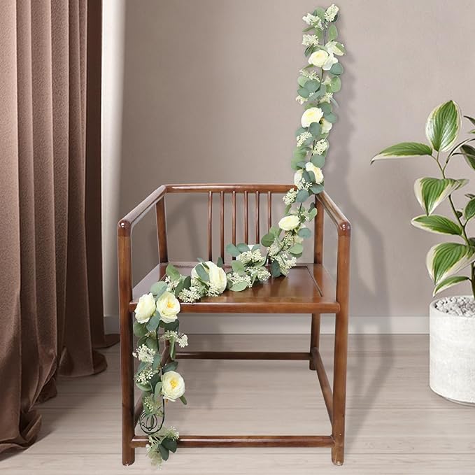 MAKHOT 2PCS Eucalyptus Garland, 6.6Ft Artificial Greenery Garlands Flower Decor, Green Spring Garland Wreath Vines Decorations for Table Home Wedding Mantle Party (Champagne)