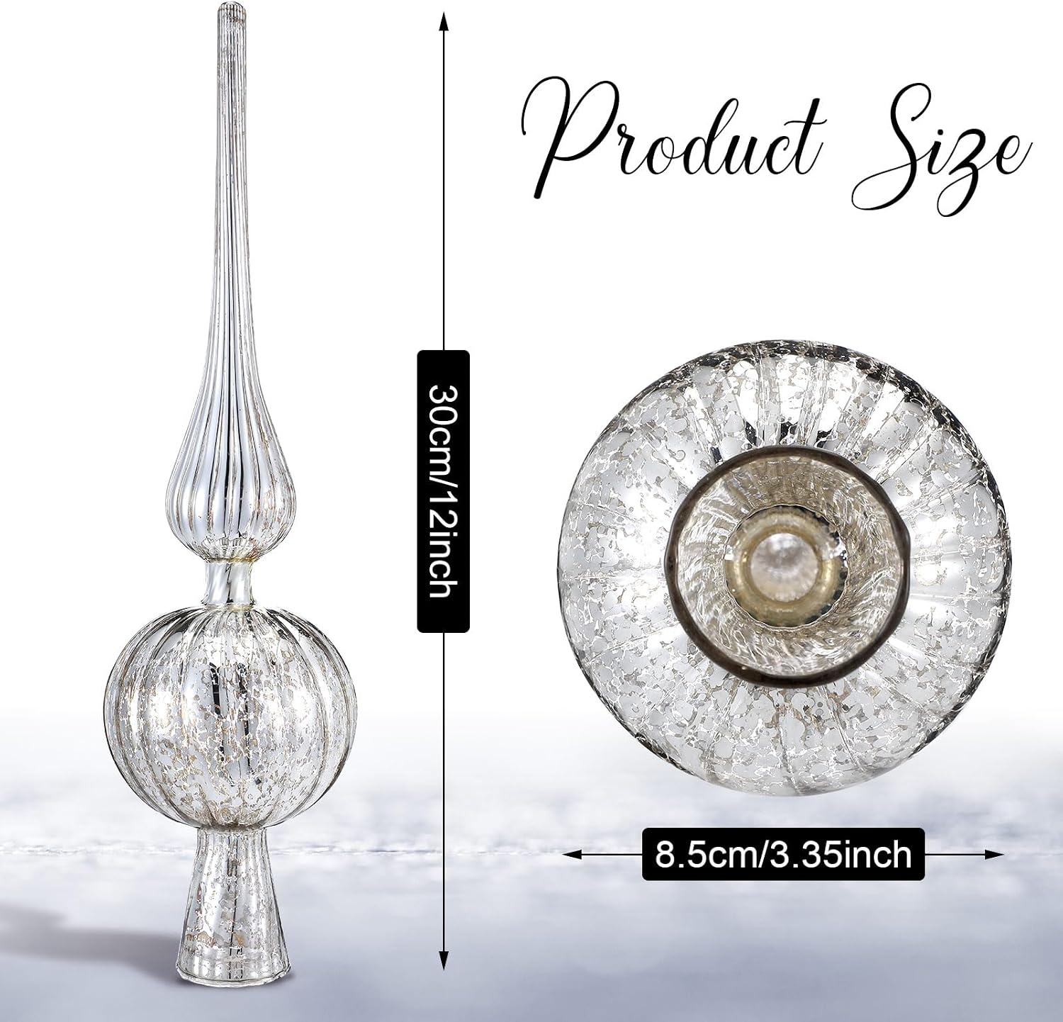 Gejoy Mercury Glass Finial Christmas Tree Topper 12 Inches Vintage Spherical Xmas Tree Topper Mid Century Christmas Ornament for Home Xmas Holiday Party Decorations(Sliver)