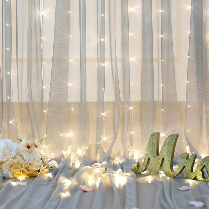 Silver Grey Tulle Backdrop Curtain with Lights String for Parites 10x8ft Sheer Backdrop Curtains for Birthday Party Bridal Shower Baby Shower Wedding Ceremony Prom Photo Booth Background Decorations
