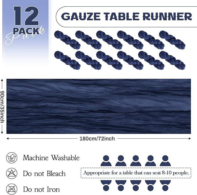 Aktor 12 Pack Navy Blue Table Runner Boho Cheesecloth Table Runner Semi Sheer Gauze Fabric Runners for Wedding Birthday Baby Shower Party Boho Table Decoration（Navy Blue）