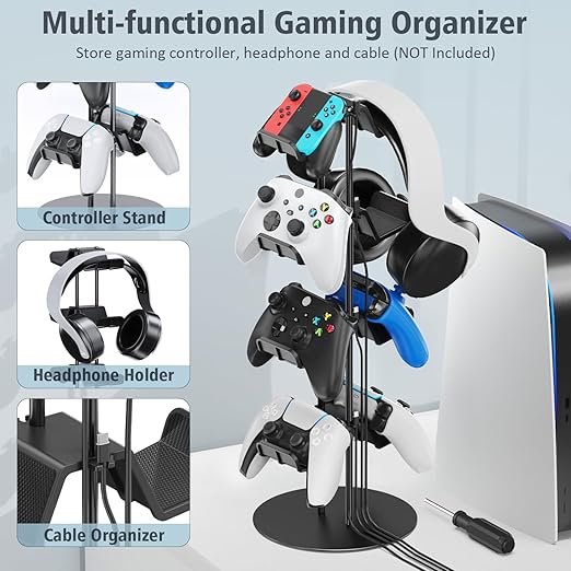 Kytok Controller Stand 4 Tiers with Cable Organizer for Desk, Universal Headphone Stand Compatible with Xbox PS5 PS4 Nintendo Switch, Headset Holder & Desk Mounts for 8 Packs Controller
