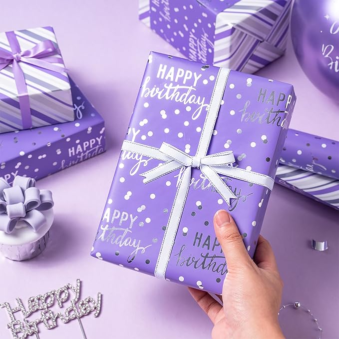 LeZakaa Reversible Purple Birthday Wrapping Paper Roll for Girls Women, Happy Birthday Lettering & Stripe Pattern with Metallic Foil in Purple, Mini Roll, 17 inches x 32.8 Feet (46.45 sq.ft.)
