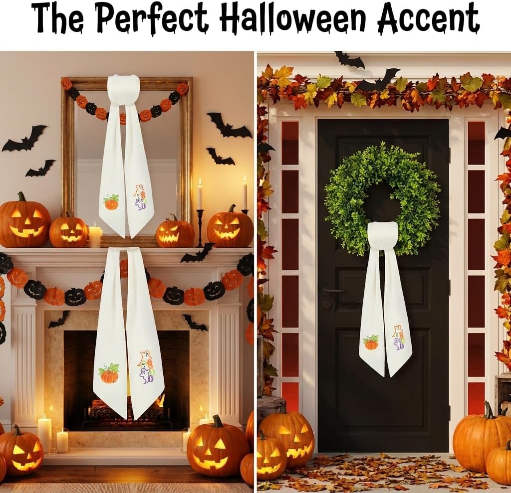 Fall & Halloween Wreath Sash for Front Door (59" Long) - Embroidered Ghost & Pumpkin Design for Boxwood Wreaths - 2-in-1 Autumn Ribbon Decor, Heavy Drape & Washable (1 Set)