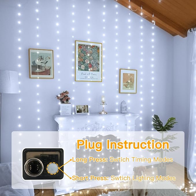 Ollny Curtain Lights 300LED 9.8ftx9.8ft, Connectable IP67 Waterproof Outdoor Curtain String Lights with Remote, Plug-in Untangle Fairy Lights with 8 Modes 3 Timers for Wall Backdrop Decor(Cool White)