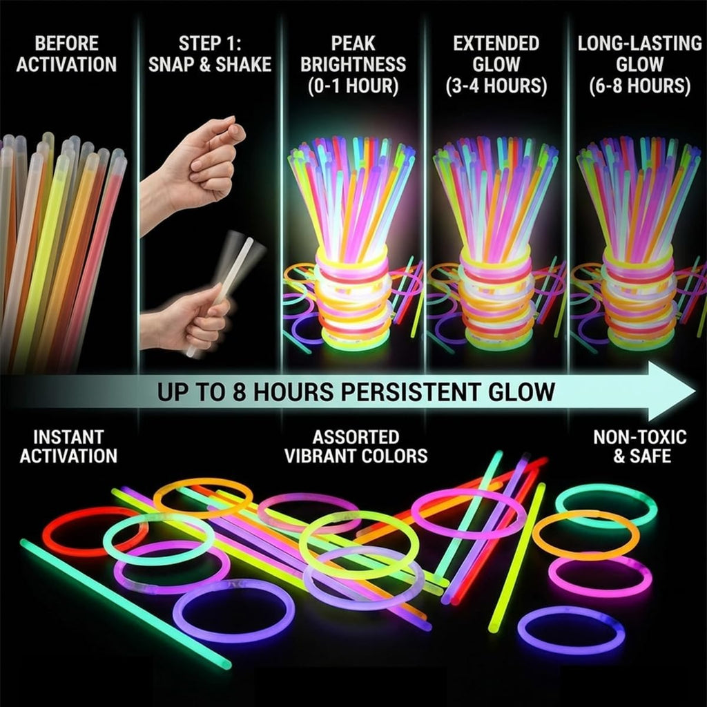 100PCS Glow Sticks Bulk Party Pack, Halloween Glow Sticks For Kids Camping, Glow In The Dark Sticks,8” Glow Party Supplies Bracelets with Connectors