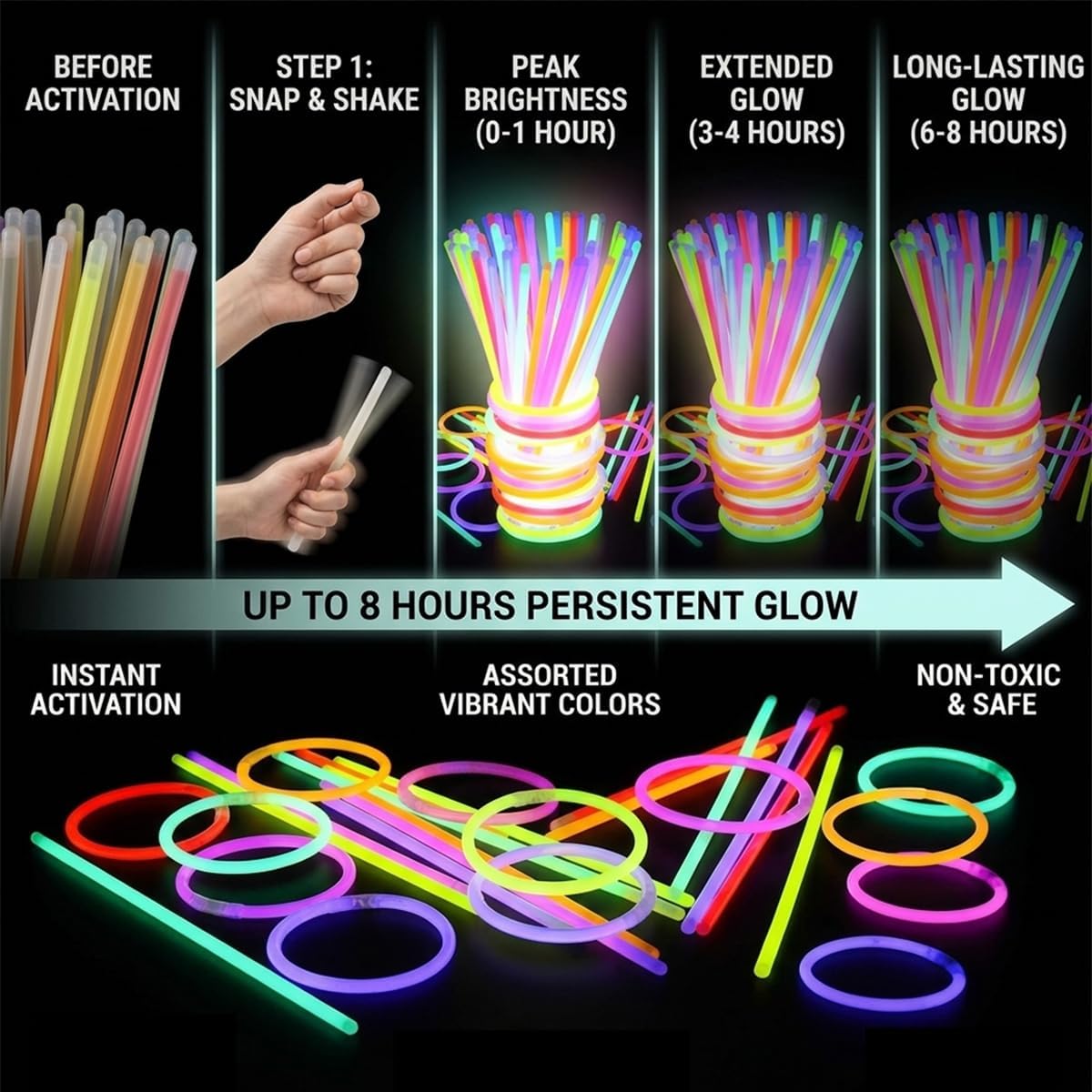 100PCS Glow Sticks Bulk Party Pack, Halloween Glow Sticks For Kids Camping, Glow In The Dark Sticks,8” Glow Party Supplies Bracelets with Connectors